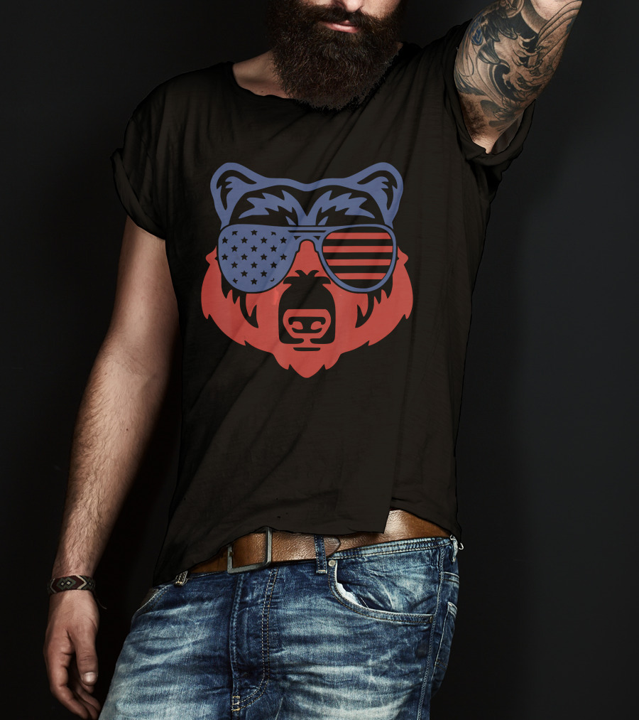 American Patriotic Bear With Flag Sunglasses T-Shirt