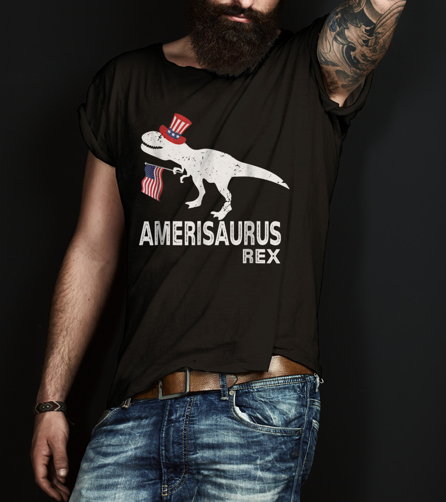 Amerisaurus Rex Patriotic Dinosaur With Uncle Sam Hat And American Flag T-Shirt