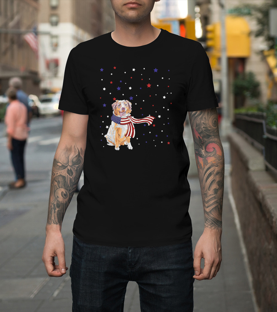 Australian Shepherd Dog with American Flag Scarf Surrounded by Stars T-Shirt