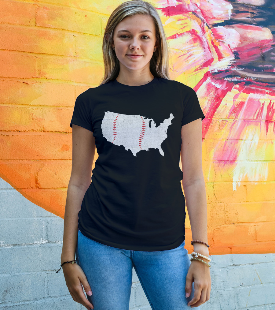 Baseball America's Pastime USA Map Stitching T-Shirt