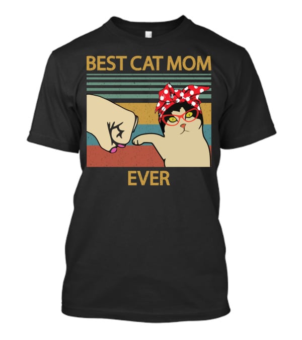 Best Cat Mom Ever Fist Bump Cat With Red Bandana And Glasses T-Shirt