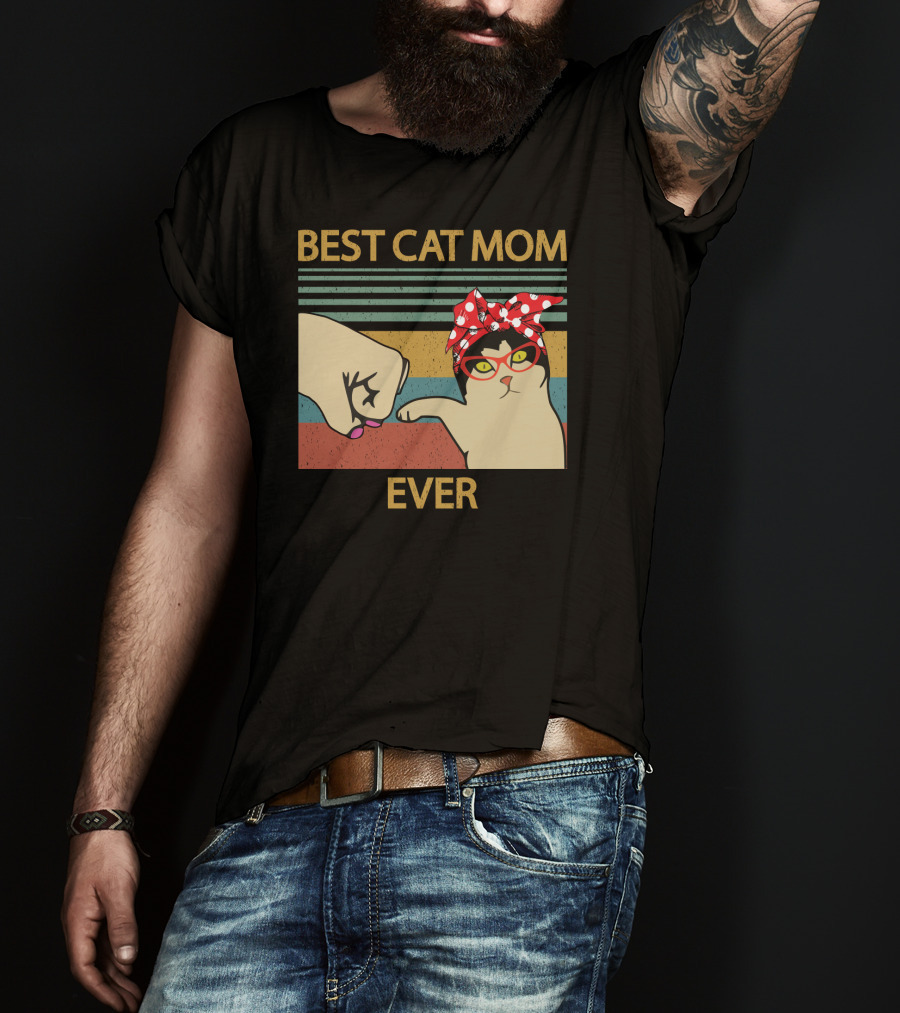 Best Cat Mom Ever Fist Bump Cat With Red Bandana And Glasses T-Shirt