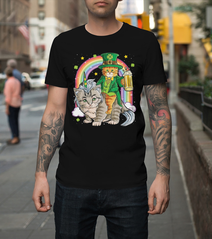 St. Patrick's Day Cat Riding Unicorn With Rainbow And Beer T-Shirt