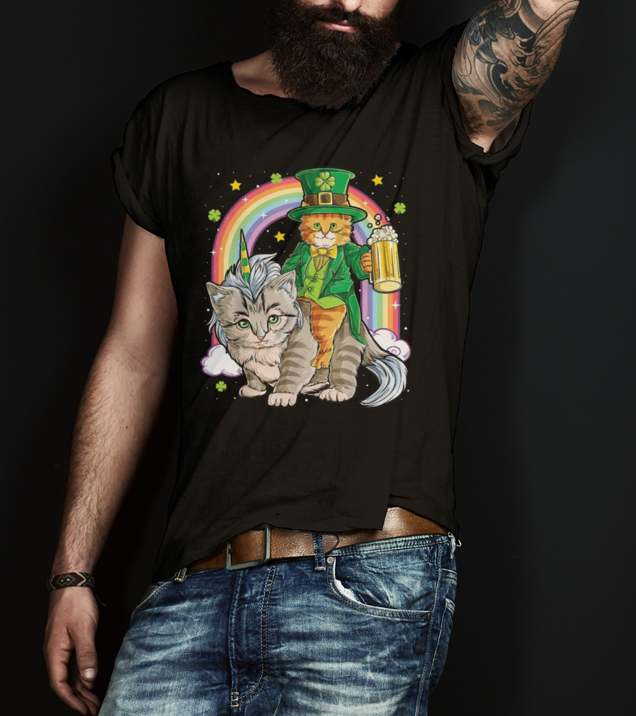 St. Patrick's Day Cat Riding Unicorn With Rainbow And Beer T-Shirt