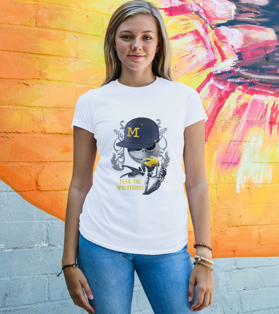Fear The Wolverines Skellington M Hat Football Helmet T-Shirt