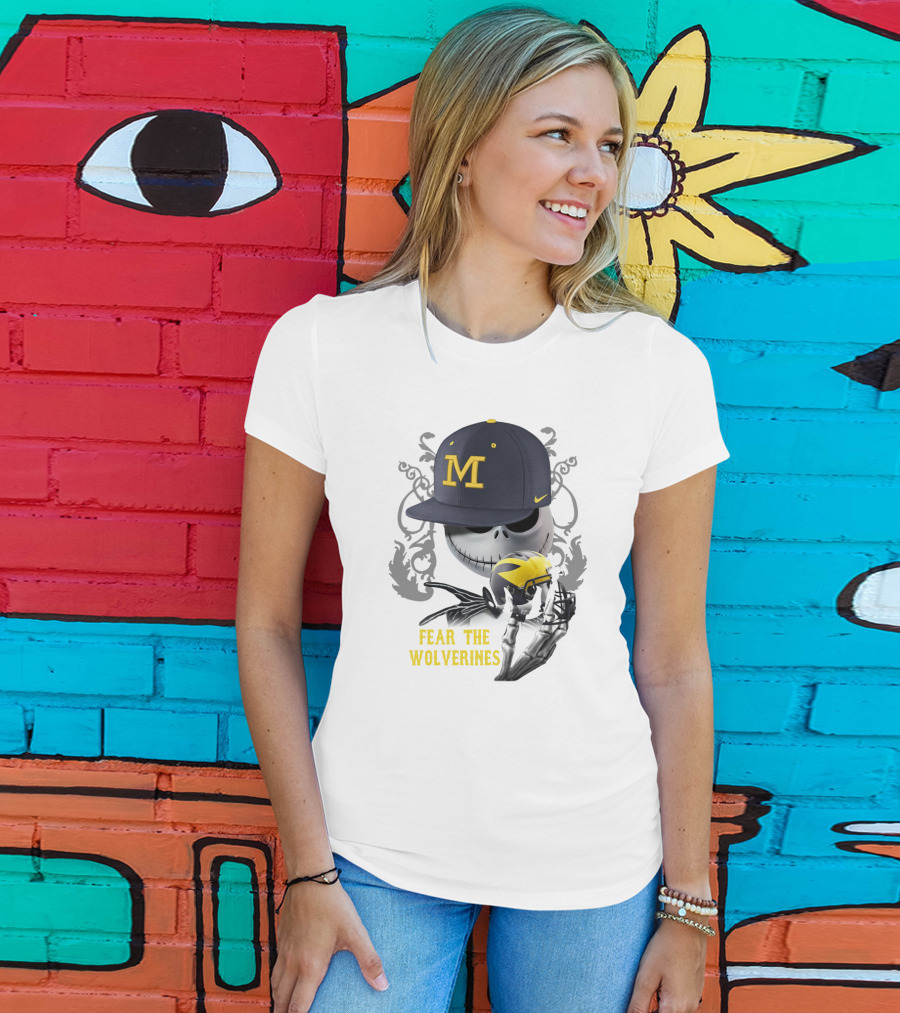 Fear The Wolverines Skellington M Hat Football Helmet T-Shirt