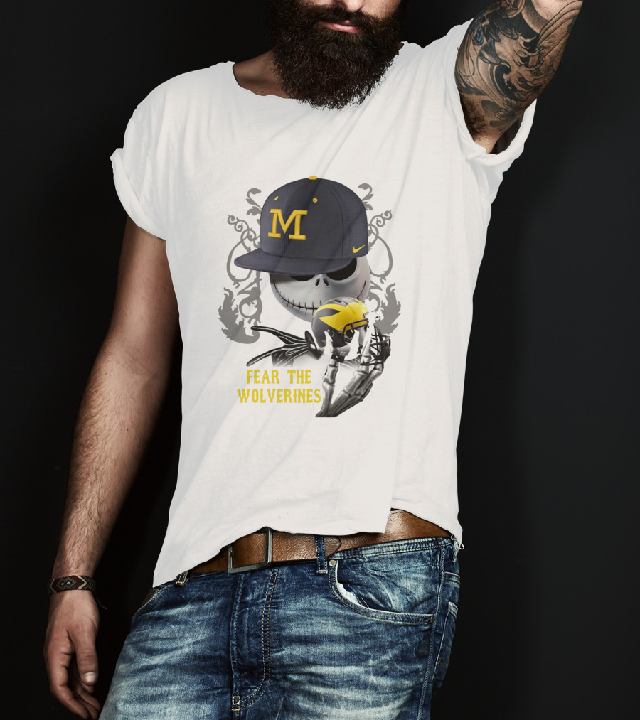 Fear The Wolverines Skellington M Hat Football Helmet T-Shirt