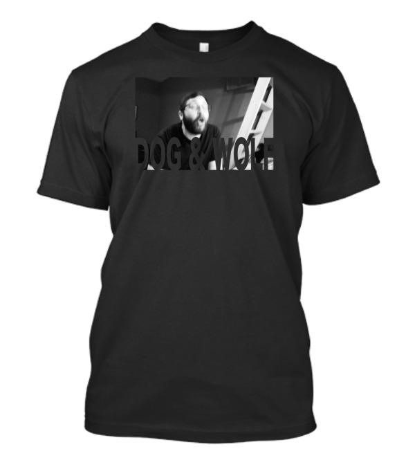 DOG And WOLF Black And White Graphic Featuring Excited Man With Ladder Background T-Shirt