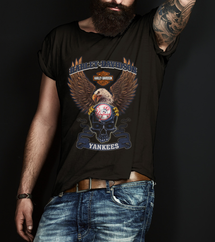 Harley Davidson Motor Cycles Yankees Eagle Badge T-Shirt