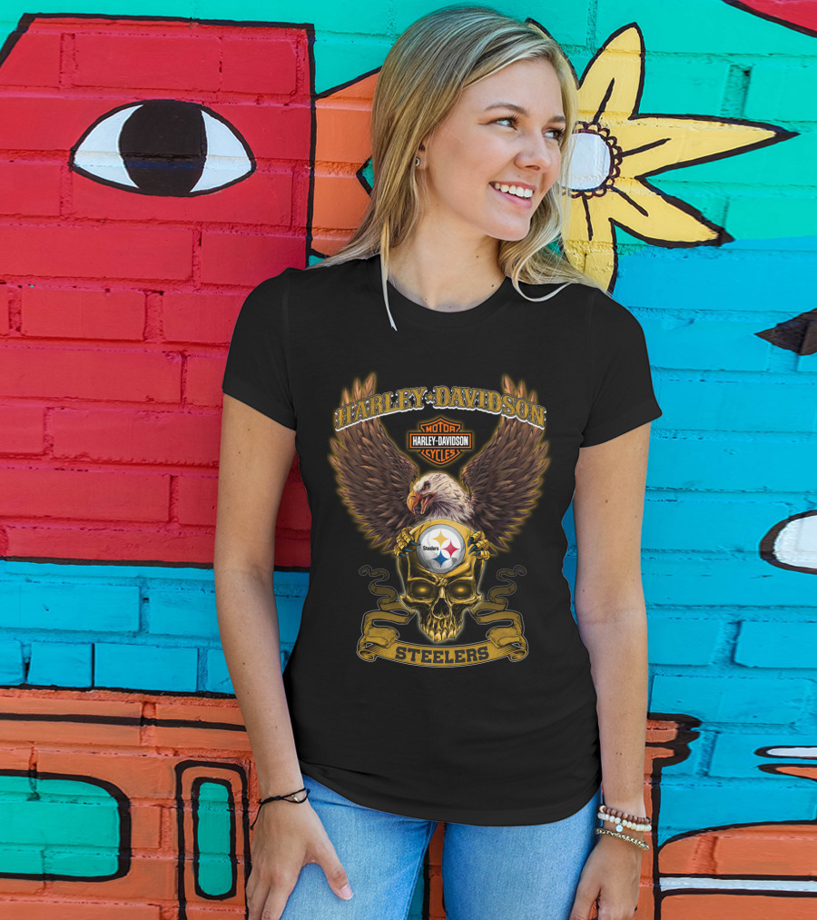 Harley Davidson Steelers Eagle And Skull With Pittsburgh Steelers T-Shirt