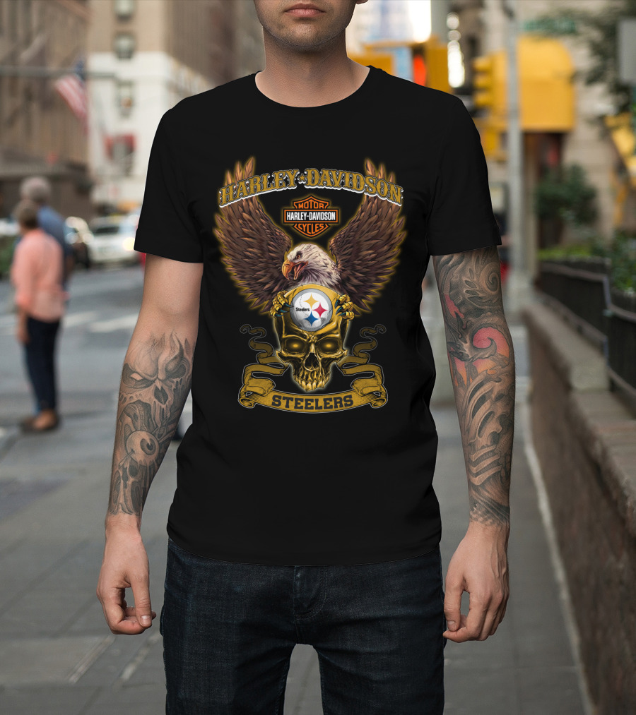Harley Davidson Steelers Eagle And Skull With Pittsburgh Steelers T-Shirt