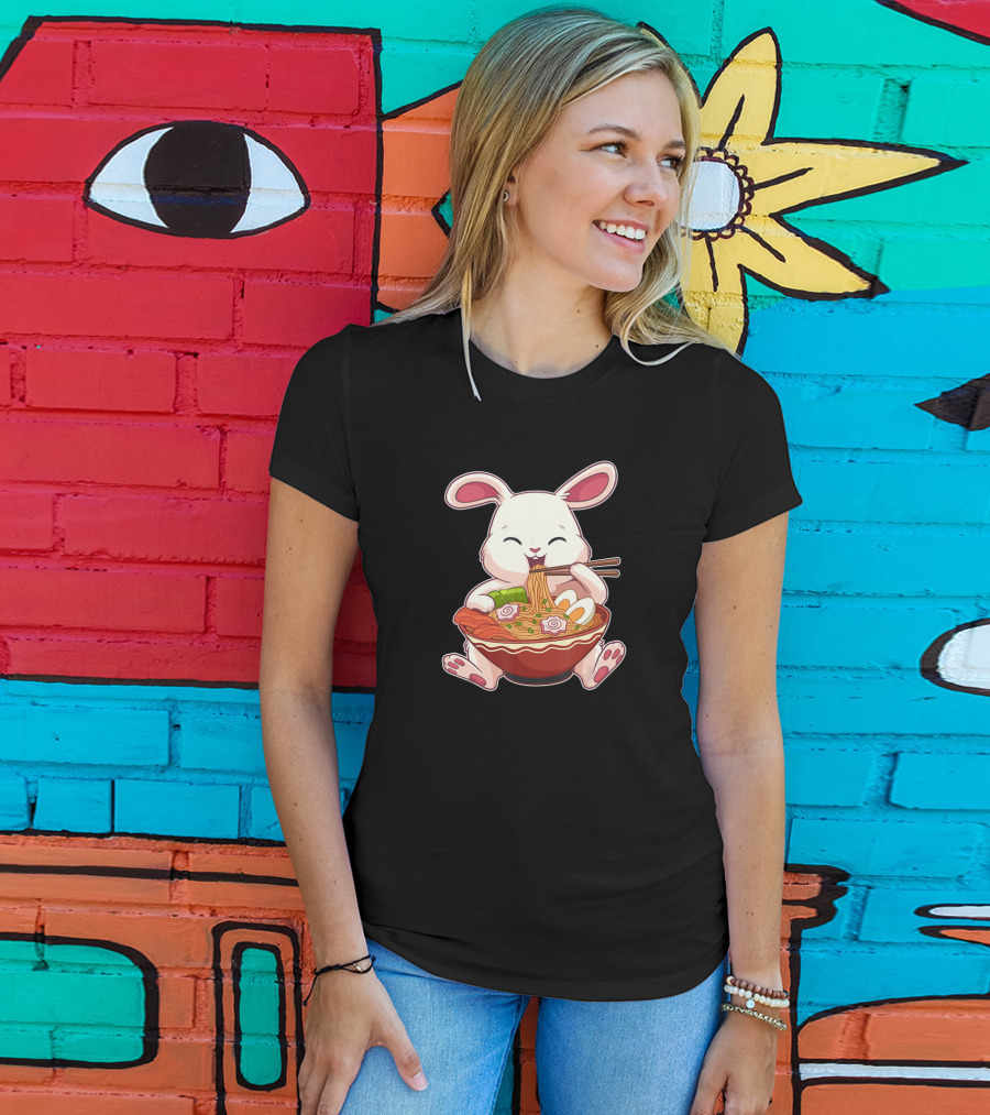 Kawaii Japanese Easter Bunny Eating Ramen Noodles With Egg T-Shirt