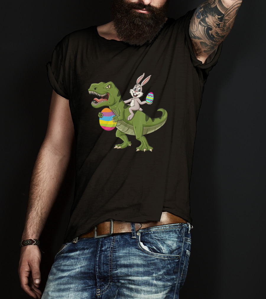Rabbit Riding T-Rex With Colorful Easter Eggs T-Shirt
