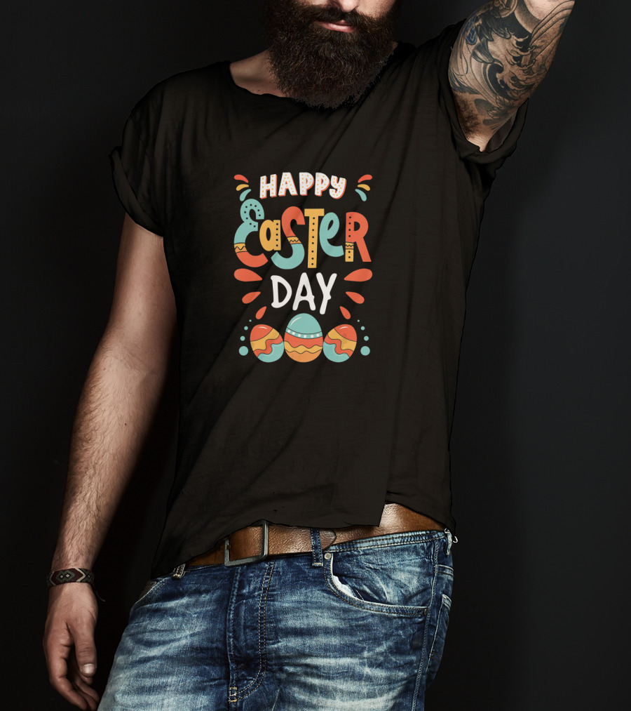 Happy Easter Day Colorful Eggs And Cute Bunny Details T-Shirt