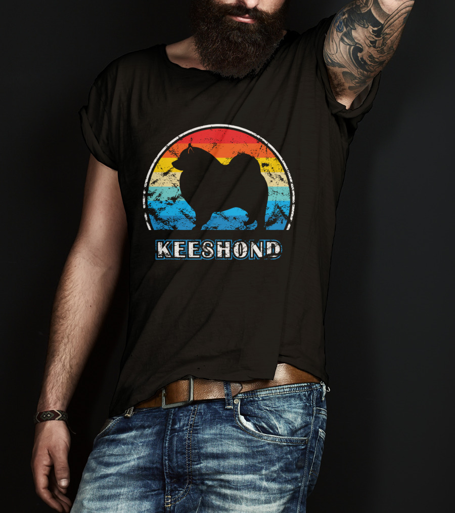 Keeshond Retro Silhouette Rainbow Stripes T-Shirt