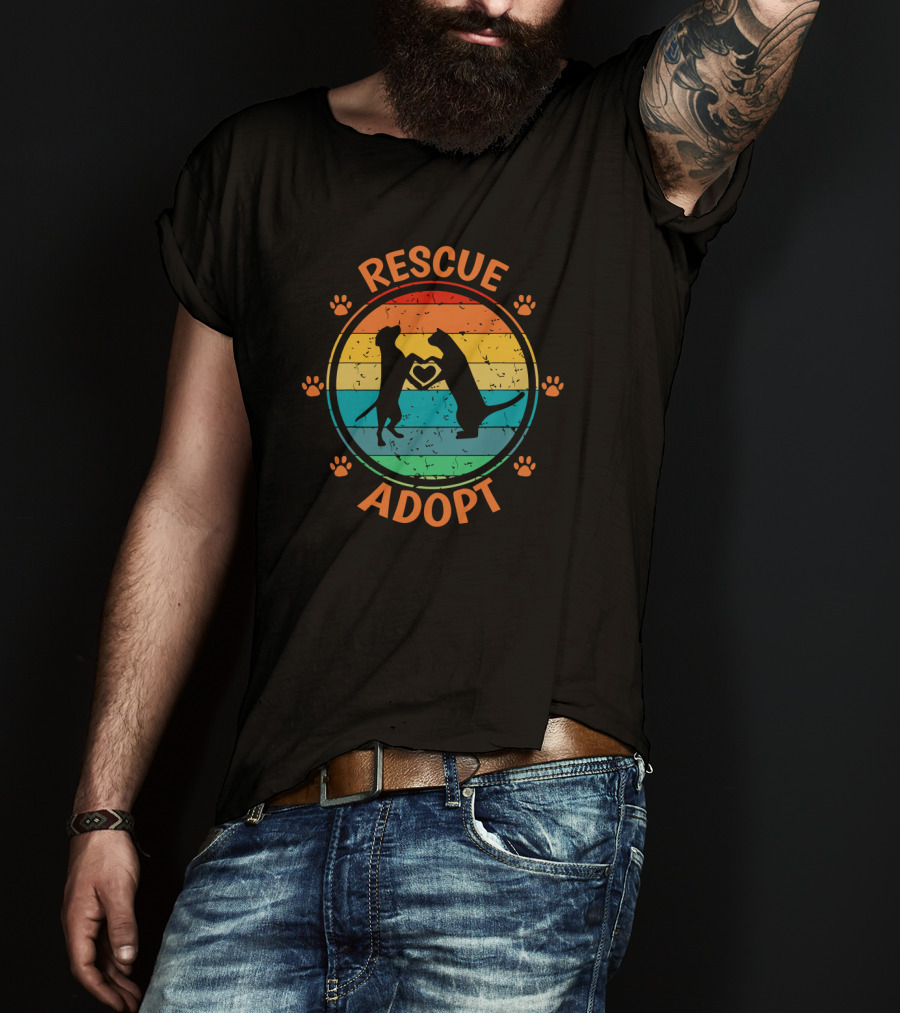Rescue Adopt Vintage Rainbow Dog Cat Paw Heart T-Shirt