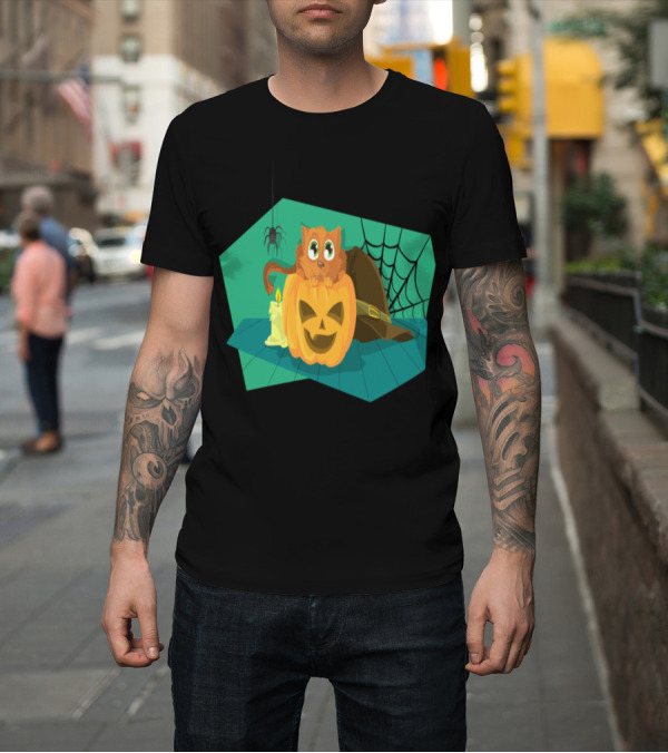 Shirt: Happy Halloween Cat atop Pumpkin with Candle and Spider Web T-Shirt Happy Halloween Cat atop Pumpkin with Candle and Spider Web T-Shirt