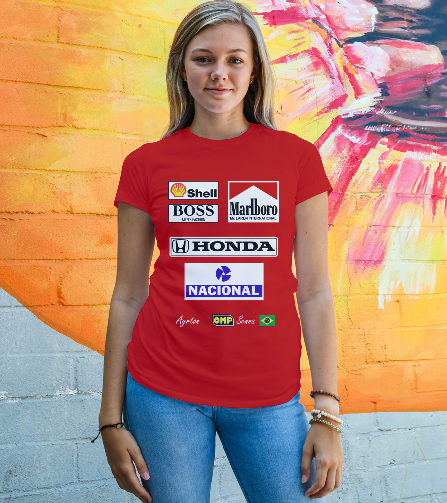 Shell Boss Marlboro McLaren Honda Nacional Ayrton Senna OMP Brazil Flag T-Shirt
