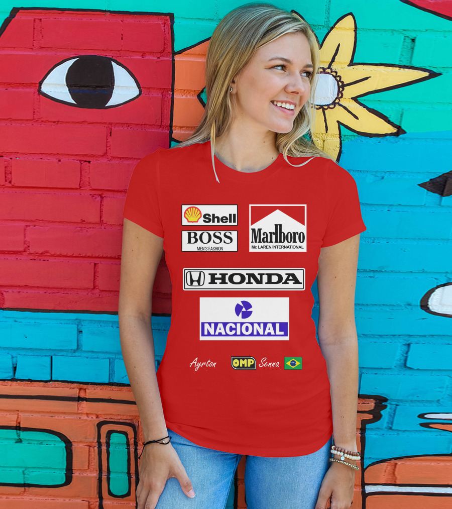 Shell Boss Marlboro McLaren Honda Nacional Ayrton Senna OMP Brazil Flag T-Shirt