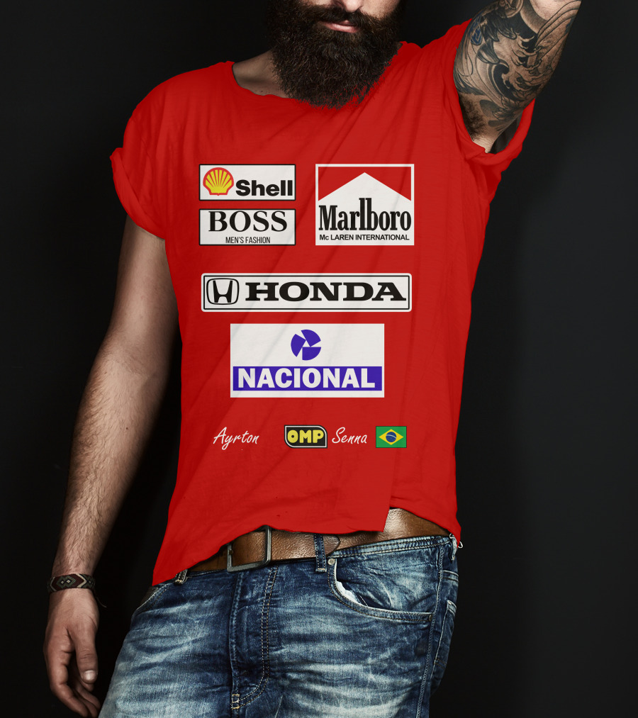 Shell Boss Marlboro McLaren Honda Nacional Ayrton Senna OMP Brazil Flag T-Shirt