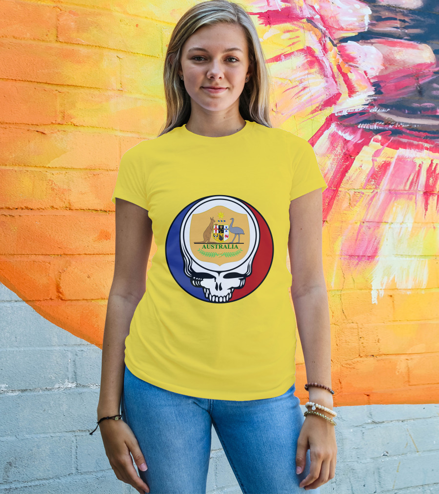 Australia National Football Team Grateful Dead Skull Emblem With Kangaroo And Emu Crest T-Shirt