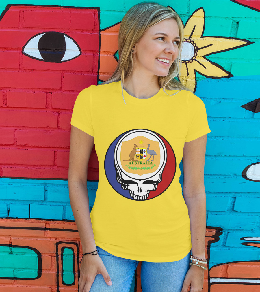 Australia National Football Team Grateful Dead Skull Emblem With Kangaroo And Emu Crest T-Shirt
