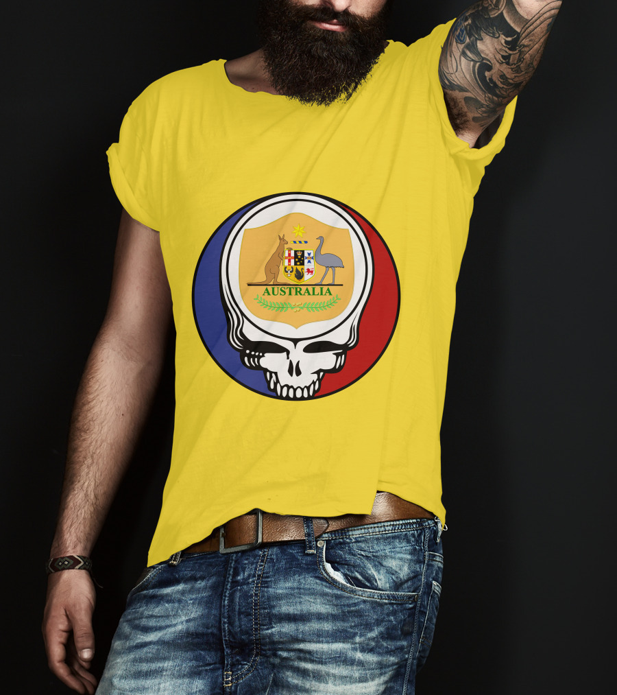 Australia National Football Team Grateful Dead Skull Emblem With Kangaroo And Emu Crest T-Shirt
