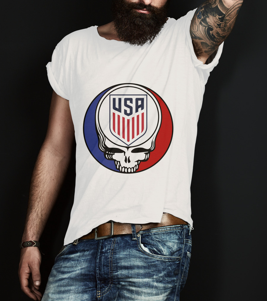 USA Soccer Grateful Dead Skull Logo Red Blue Badge T-Shirt
