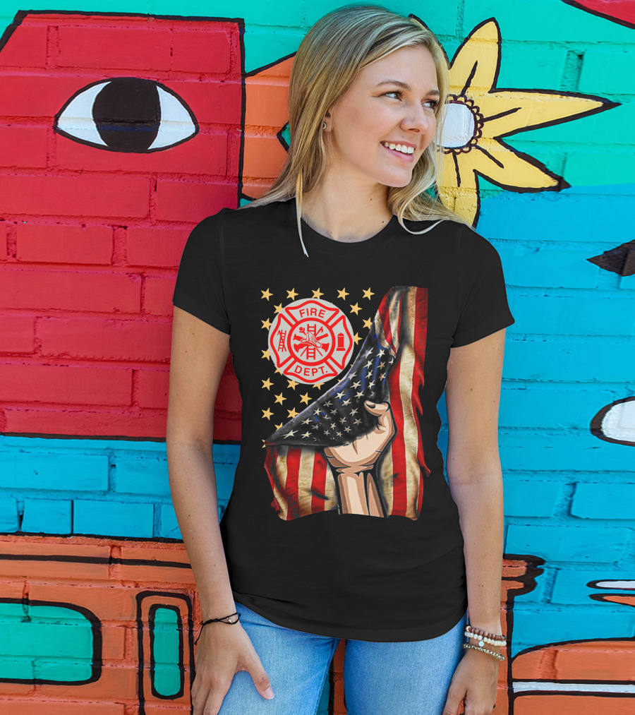 Fire Dept American Firefighter Flag Stars T-Shirt