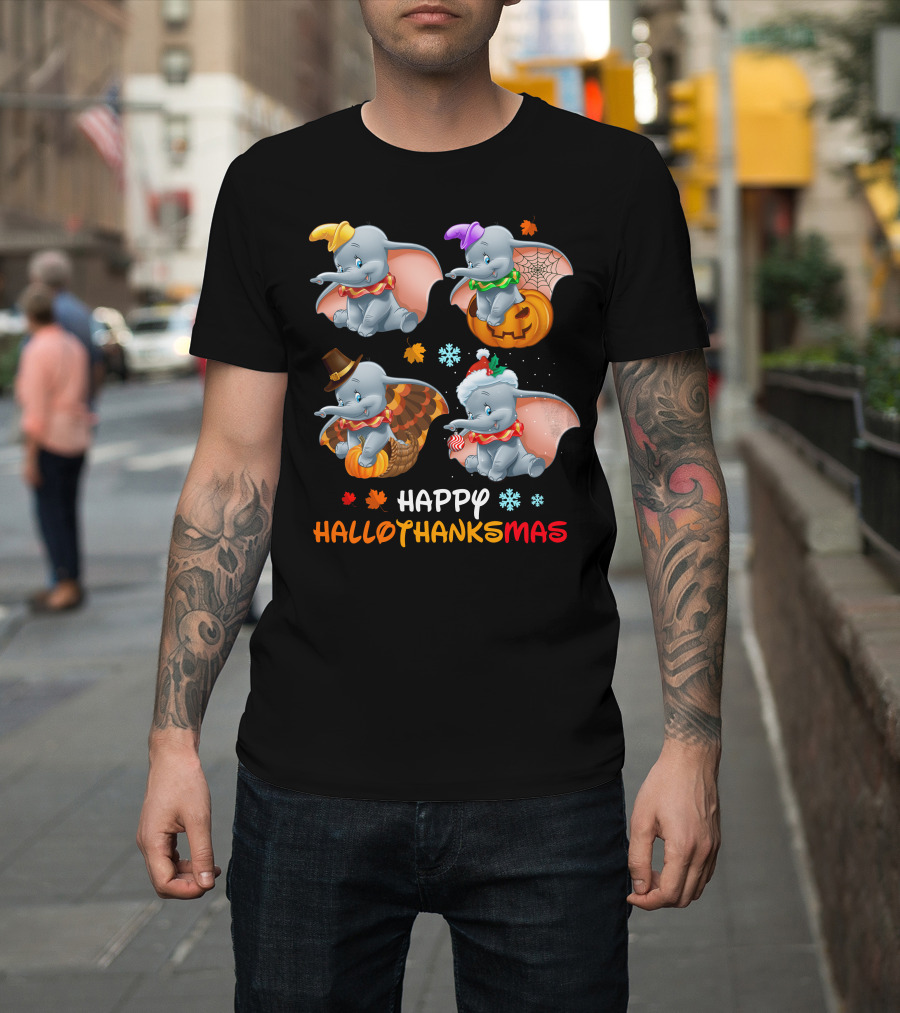 Happy Hallothanksmas With Dumbo In Halloween Thanksgiving Christmas Themes T-Shirt