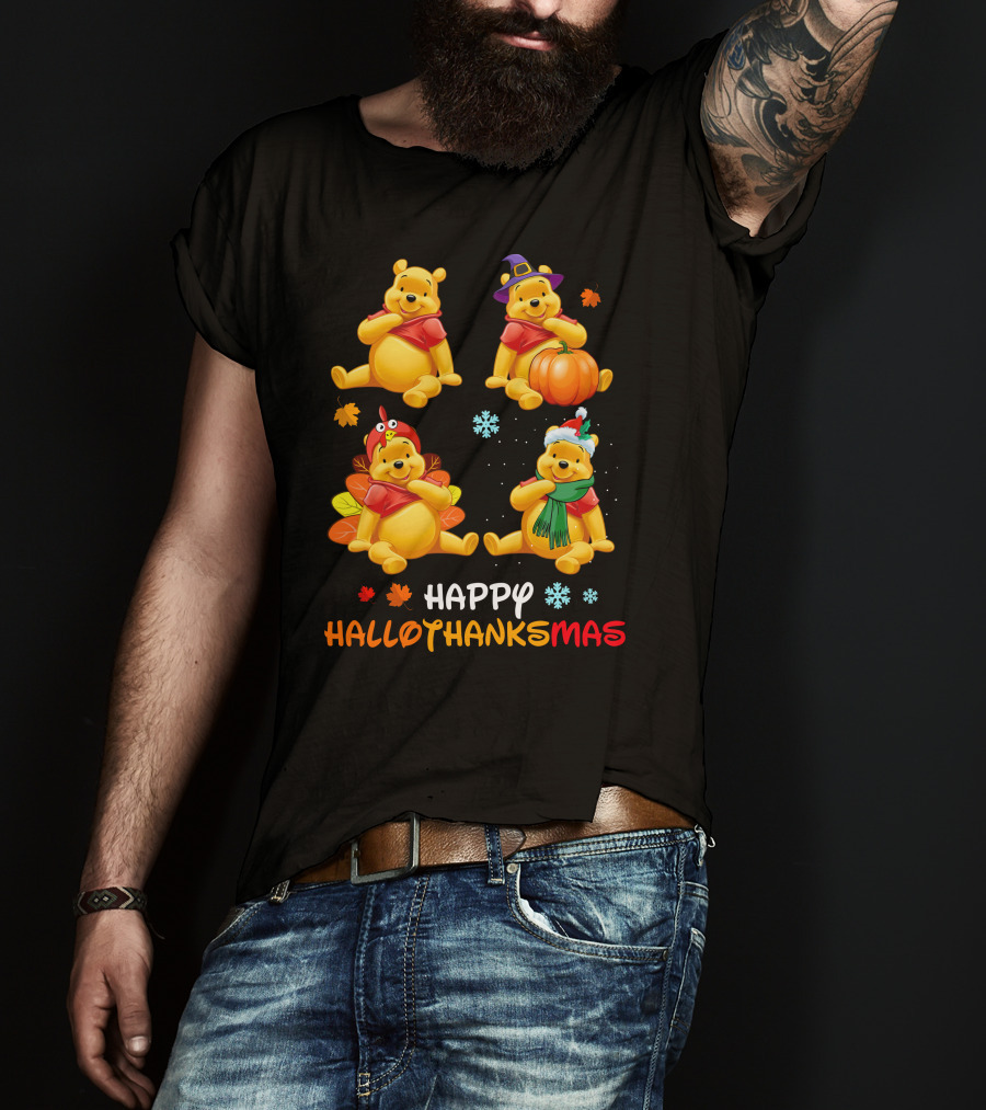 Happy Hallothanksmas Pooh Bear Seasonal Holiday Fun T-Shirt