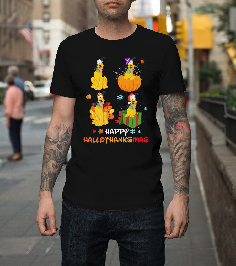 Happy Hallothanksmas Pluto Halloween Thanksgiving Christmas T-Shirt