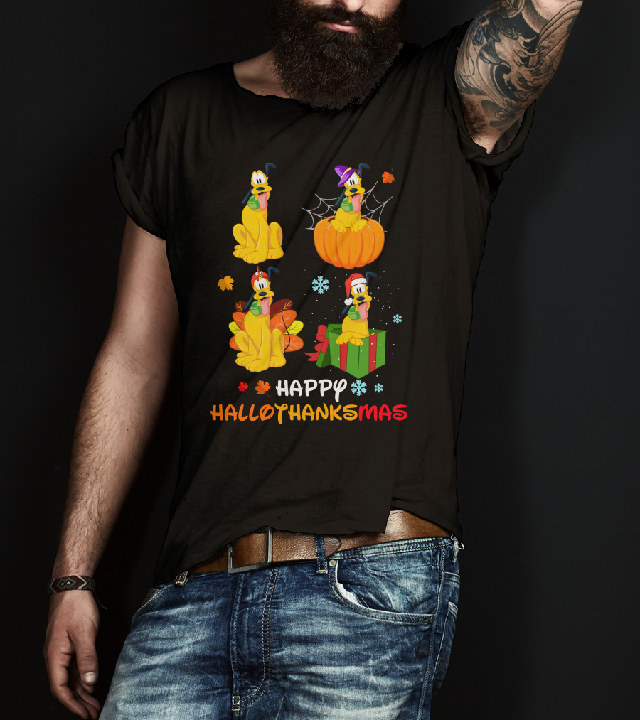 Happy HALLOTHANKSMAS Pluto In Halloween Pumpkin Thanksgiving Leaves Christmas Present Snowflakes T-Shirt