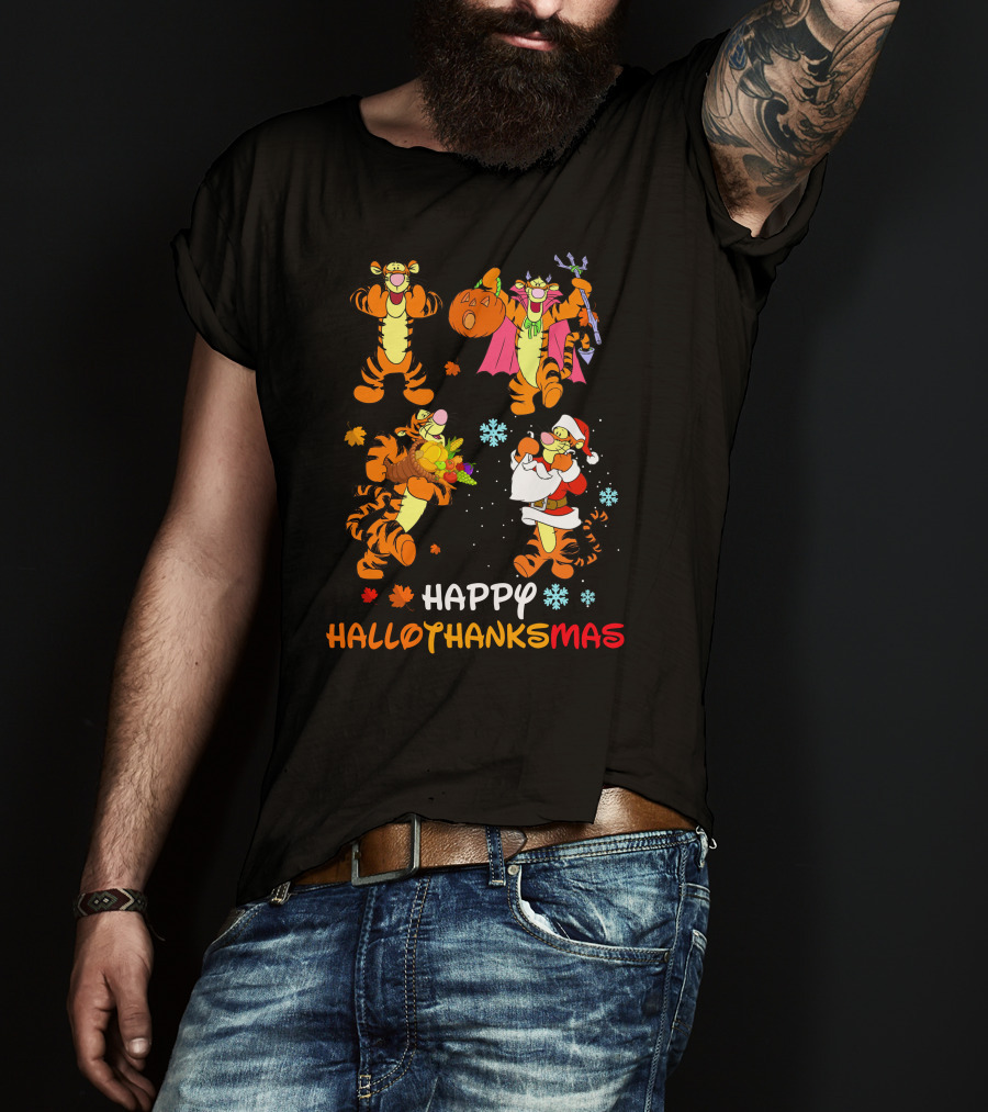 Happy HALLOTHANKSMAS Tigger Celebrating Halloween Thanksgiving Christmas T-Shirt