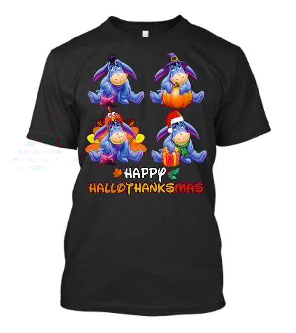 HAPPY HALLOTHANKSMAS Eeyore With Halloween Thanksgiving Christmas Themes T-Shirt
