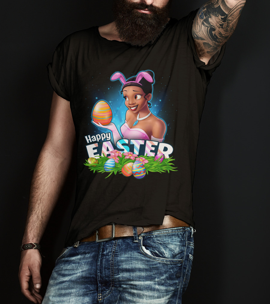 Tiana Holding Easter Egg In Bunny Ears With Happy Easter T-Shirt
