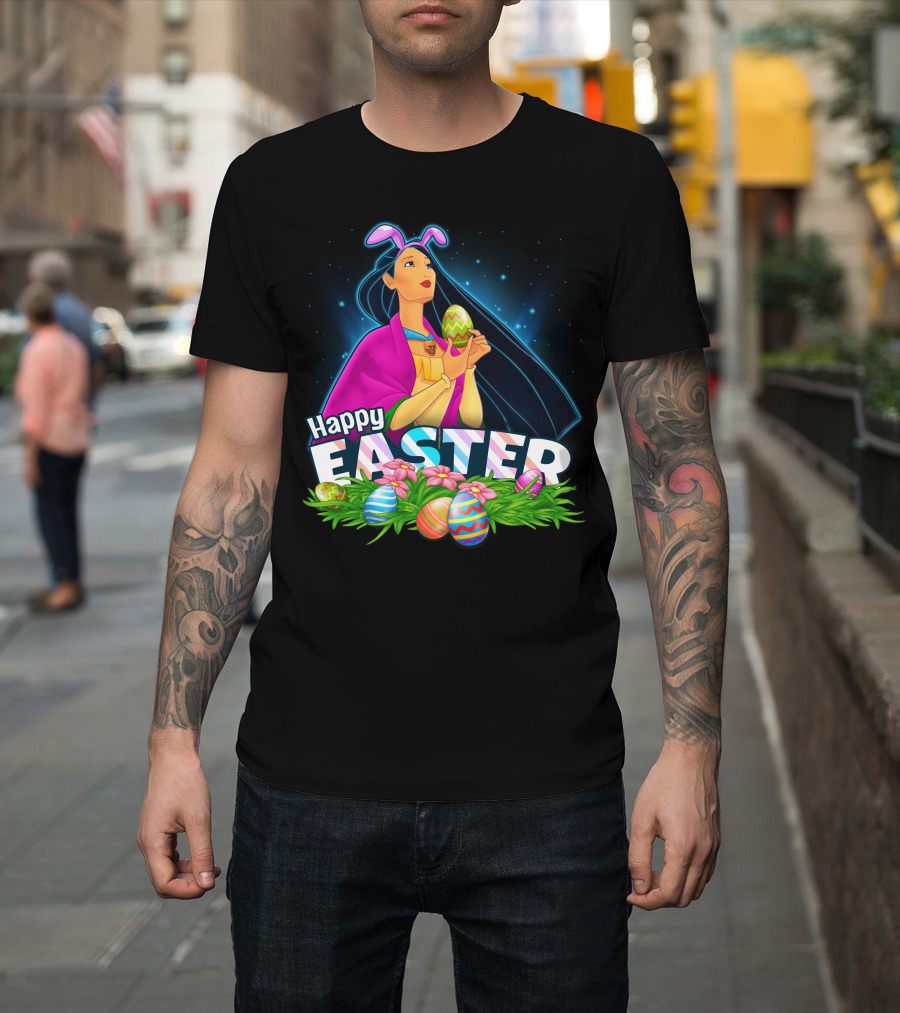 Pocahontas Happy Easter Colorful Eggs And Flowers Scene T-Shirt