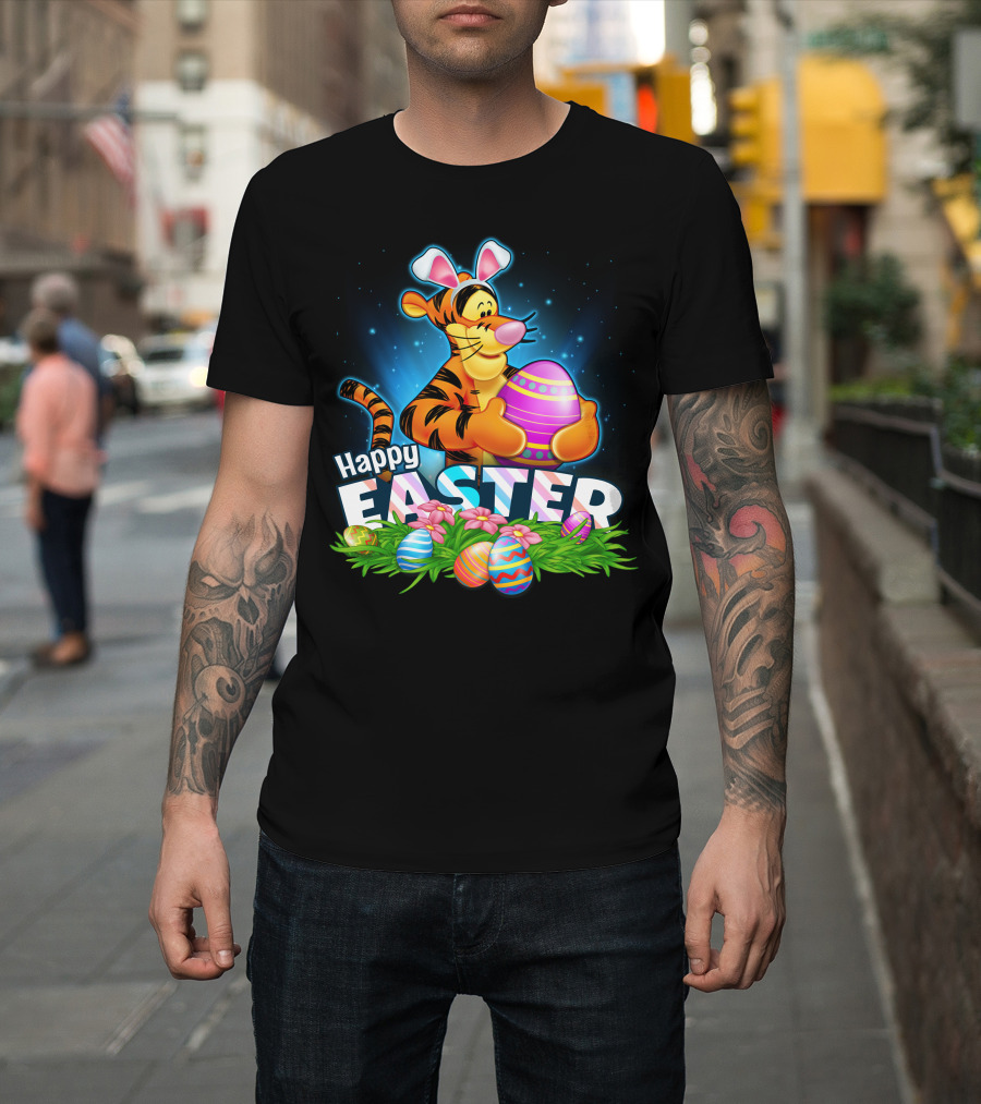 Happy Easter Tigger With Colorful Easter Eggs And Bunny Ears T-Shirt