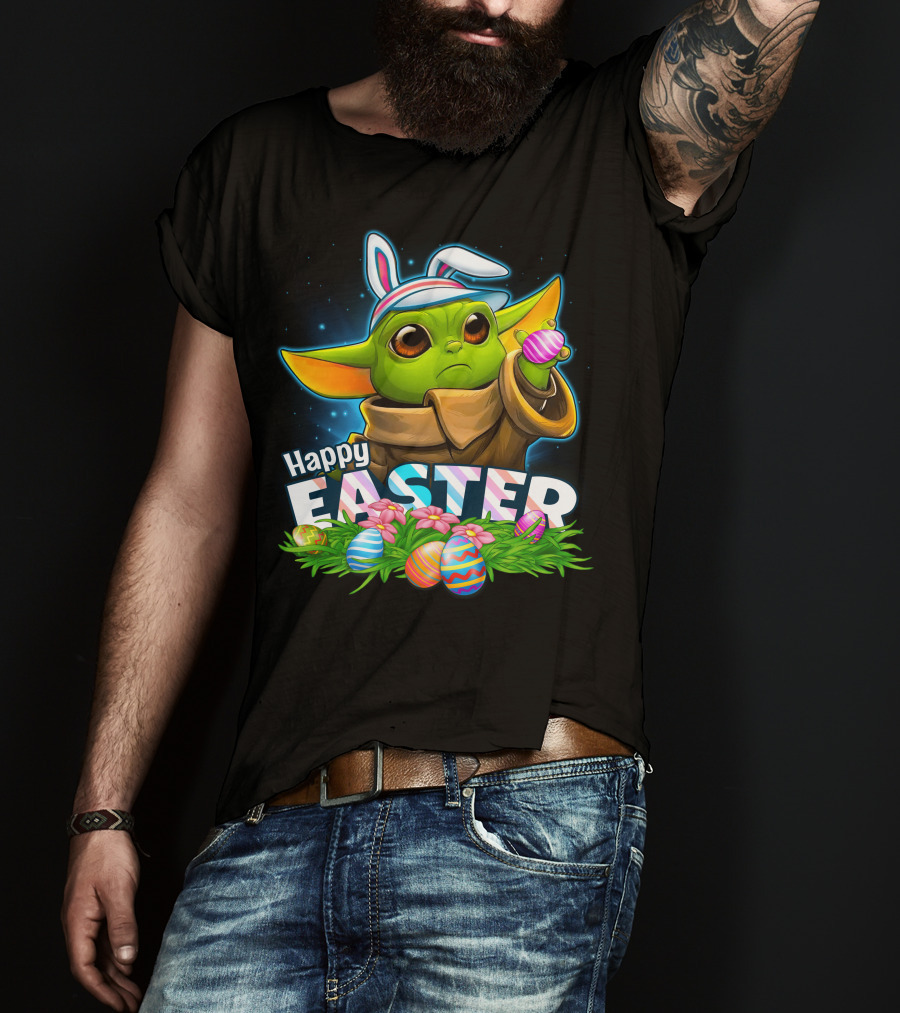 Happy Easter Yoda Bunny With Colorful Eggs T-Shirt