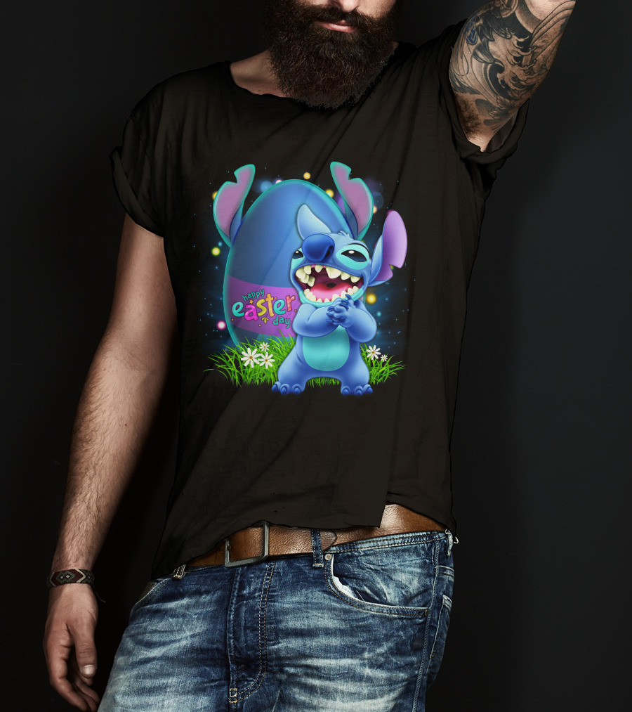 Happy Easter Day Stitch With Easter Egg And Flowers T-Shirt