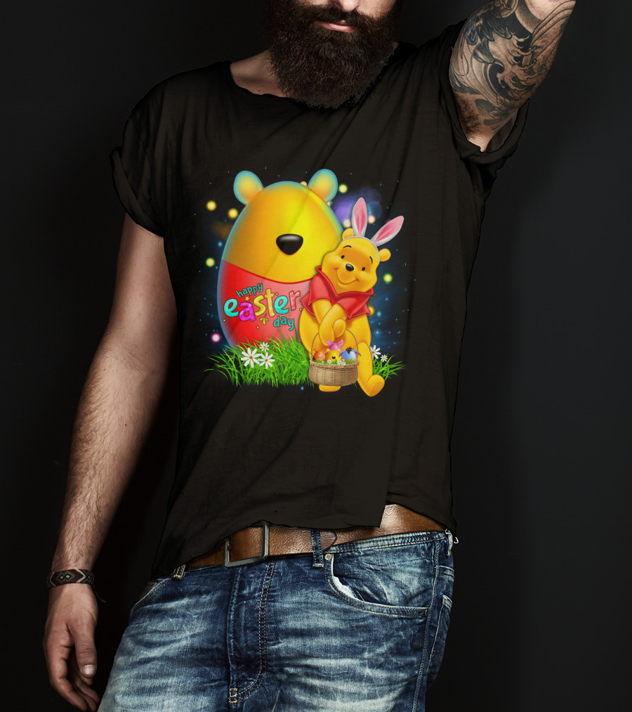 Happy Easter Day Pooh With Basket And Bunny Ears T-Shirt