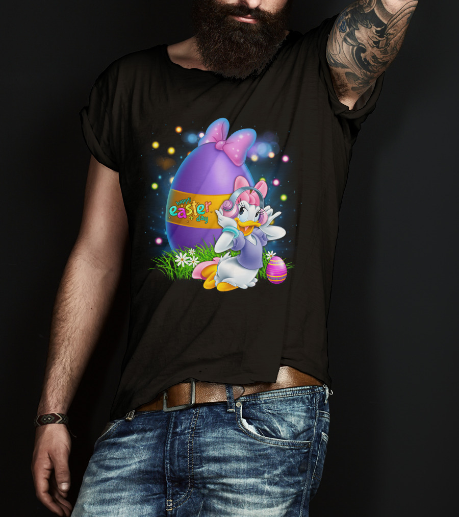 Daisy Duck Happy Easter Day Pink Bow Large Egg And Flowers T-Shirt