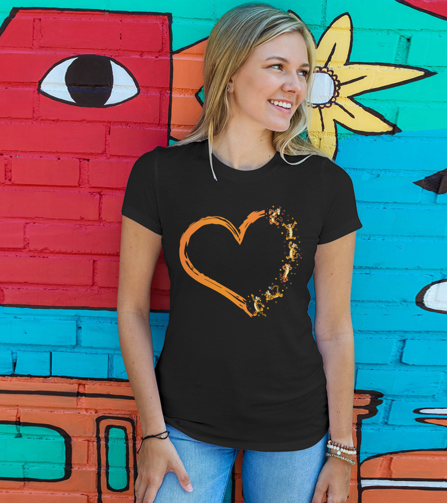 Tigger Heart Orange Brushstroke With Dancing Tiggers And Stars T-Shirt