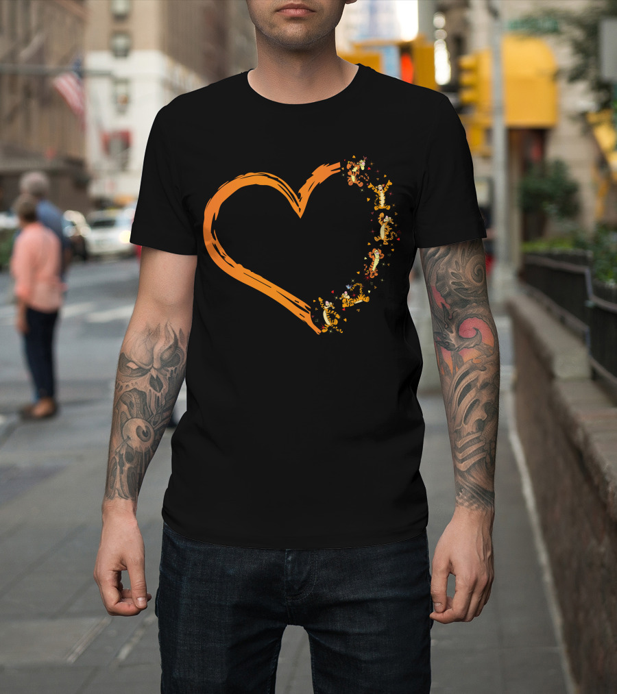 Tigger Heart Orange Brushstroke With Dancing Tiggers And Stars T-Shirt