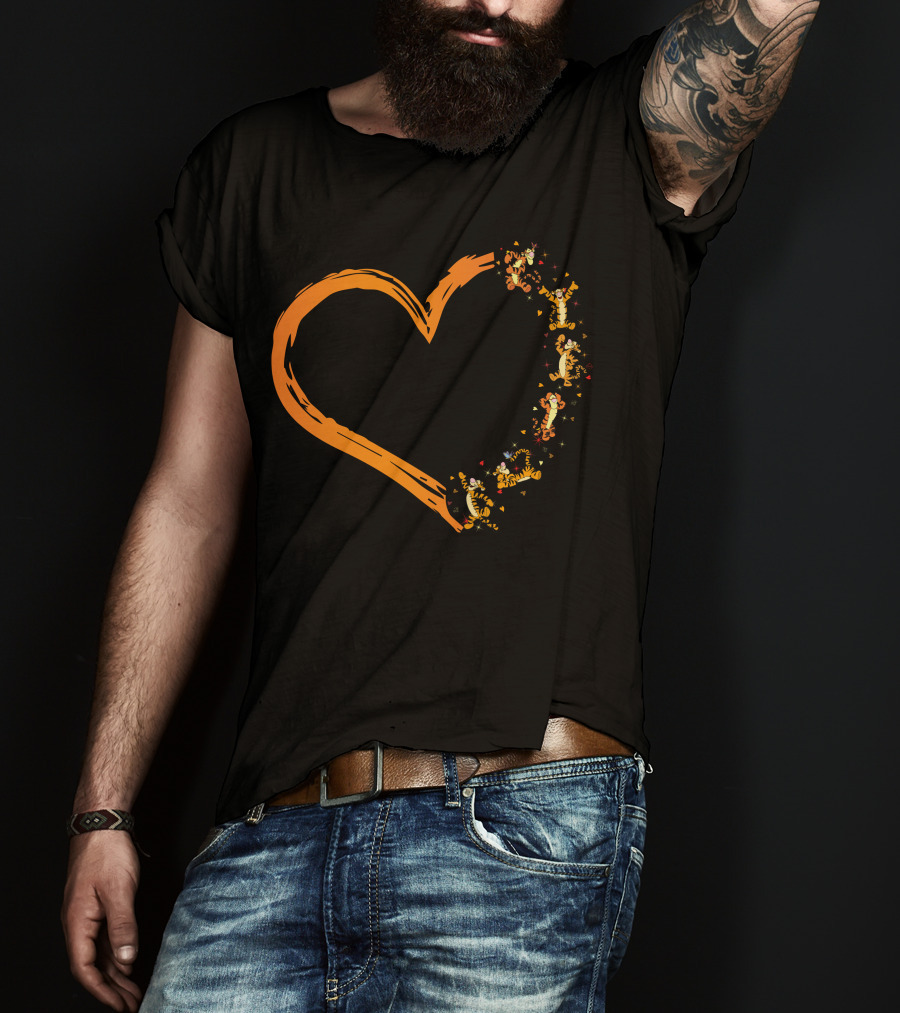 Tigger Heart Orange Brushstroke With Dancing Tiggers And Stars T-Shirt