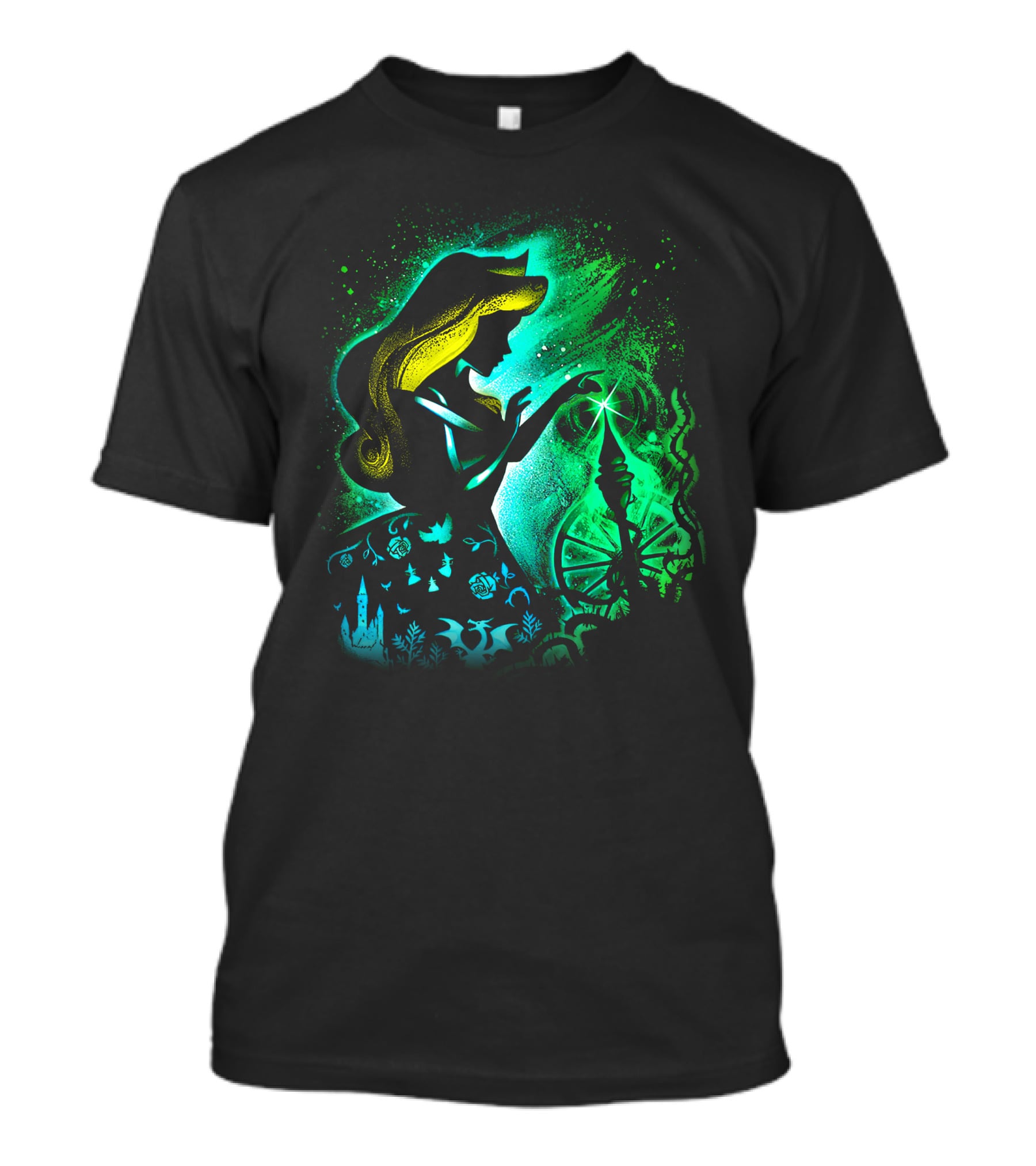 Sleeping Beauty Silhouette With Spinning Wheel And Enchanted Forest Elements T-Shirt