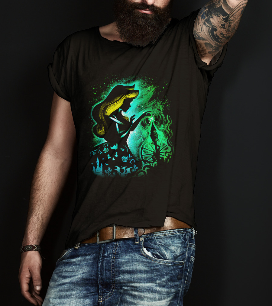 Sleeping Beauty Silhouette With Spinning Wheel And Enchanted Forest Elements T-Shirt