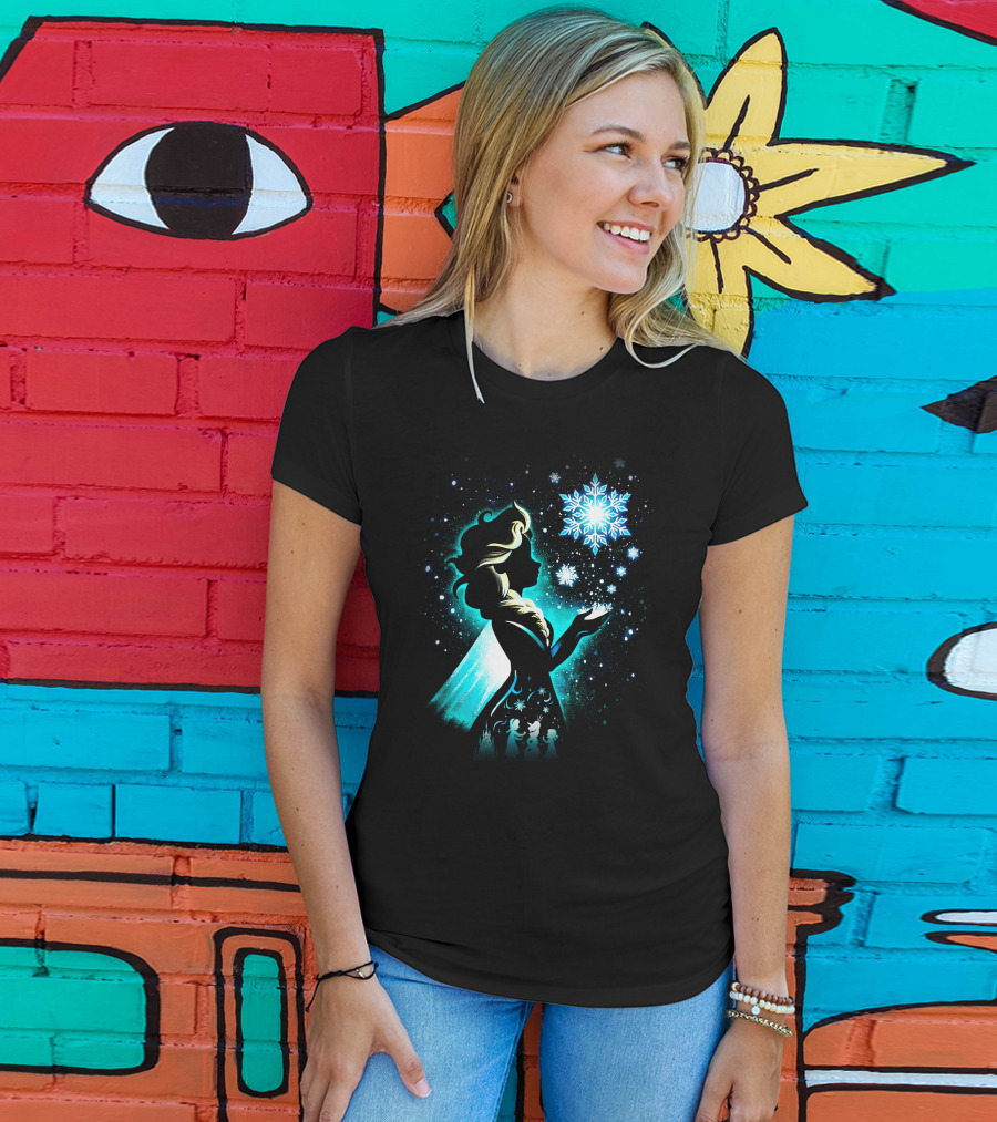 Elsa Silhouette With Snowflakes And Winter Scene T-Shirt