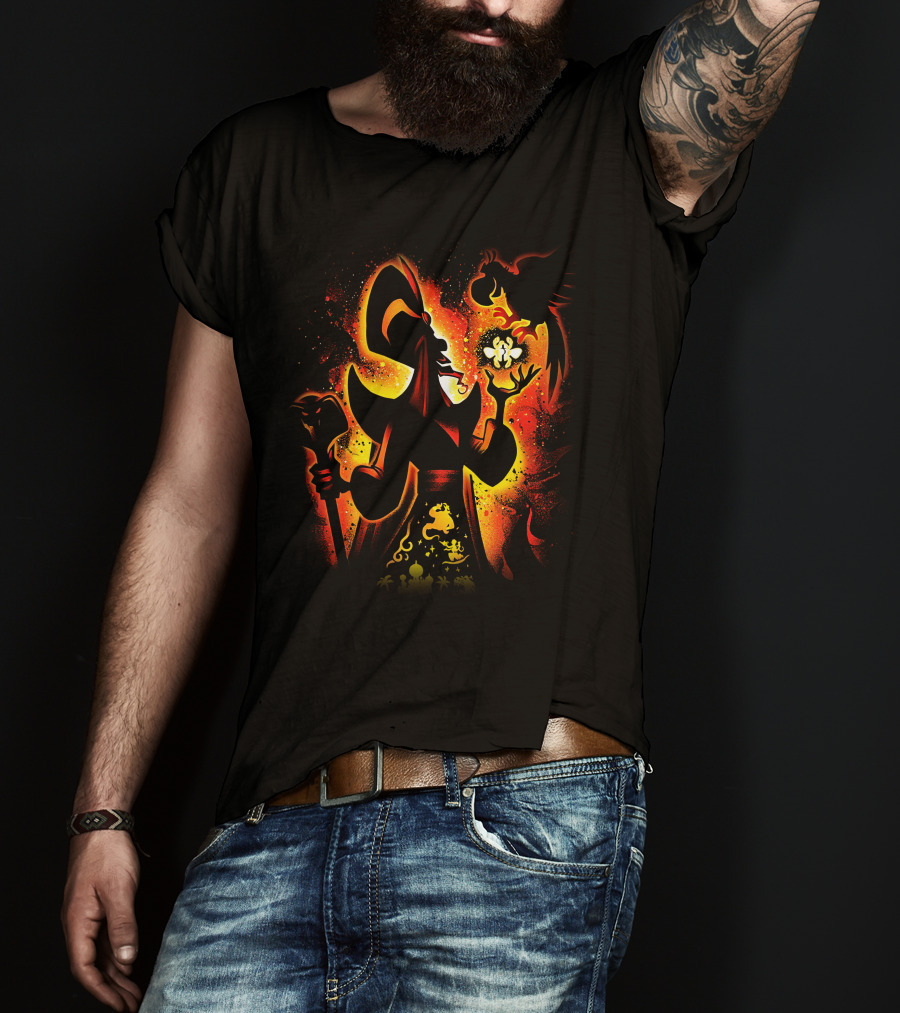 Jafar Villain Silhouette With Genie Lamp And Parrot Magic Scene T-Shirt