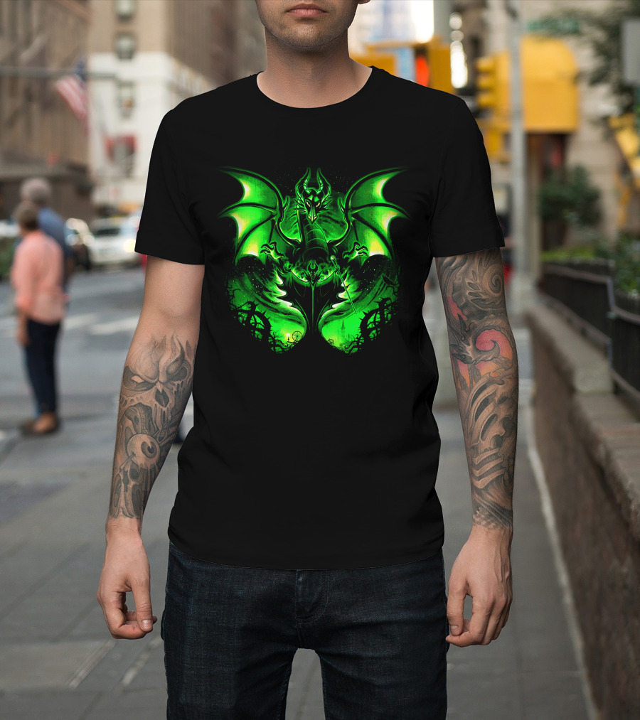 Maleficent 2 Dark Green Dragon Art Fantastical Scene Ravens Winding Thorns T-Shirt